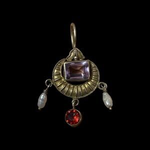 Vintage Sterling Silver Lavalier Pendant: Garnet, Amethyst Glass & Pearl